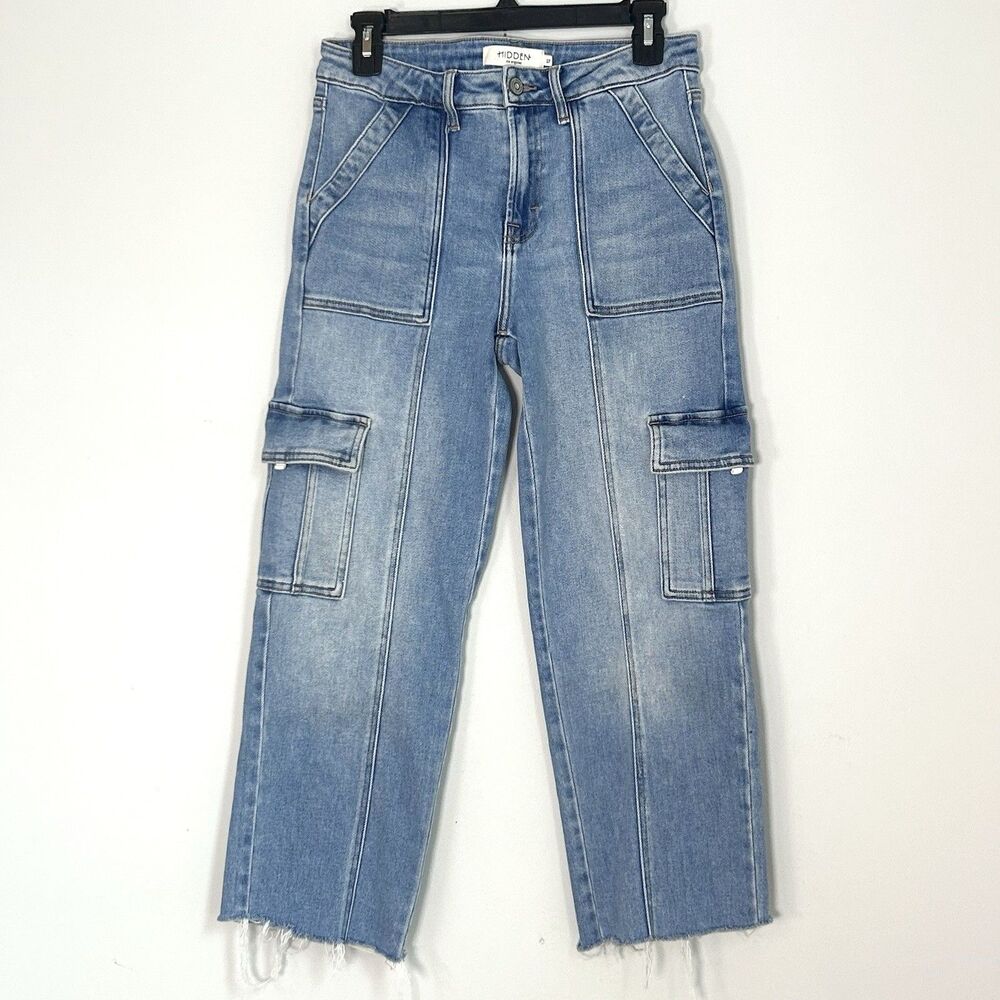 Hidden Los Angeles Cargo Jeans Women 27 Cropped Utility Pocket Straight Raw Hem